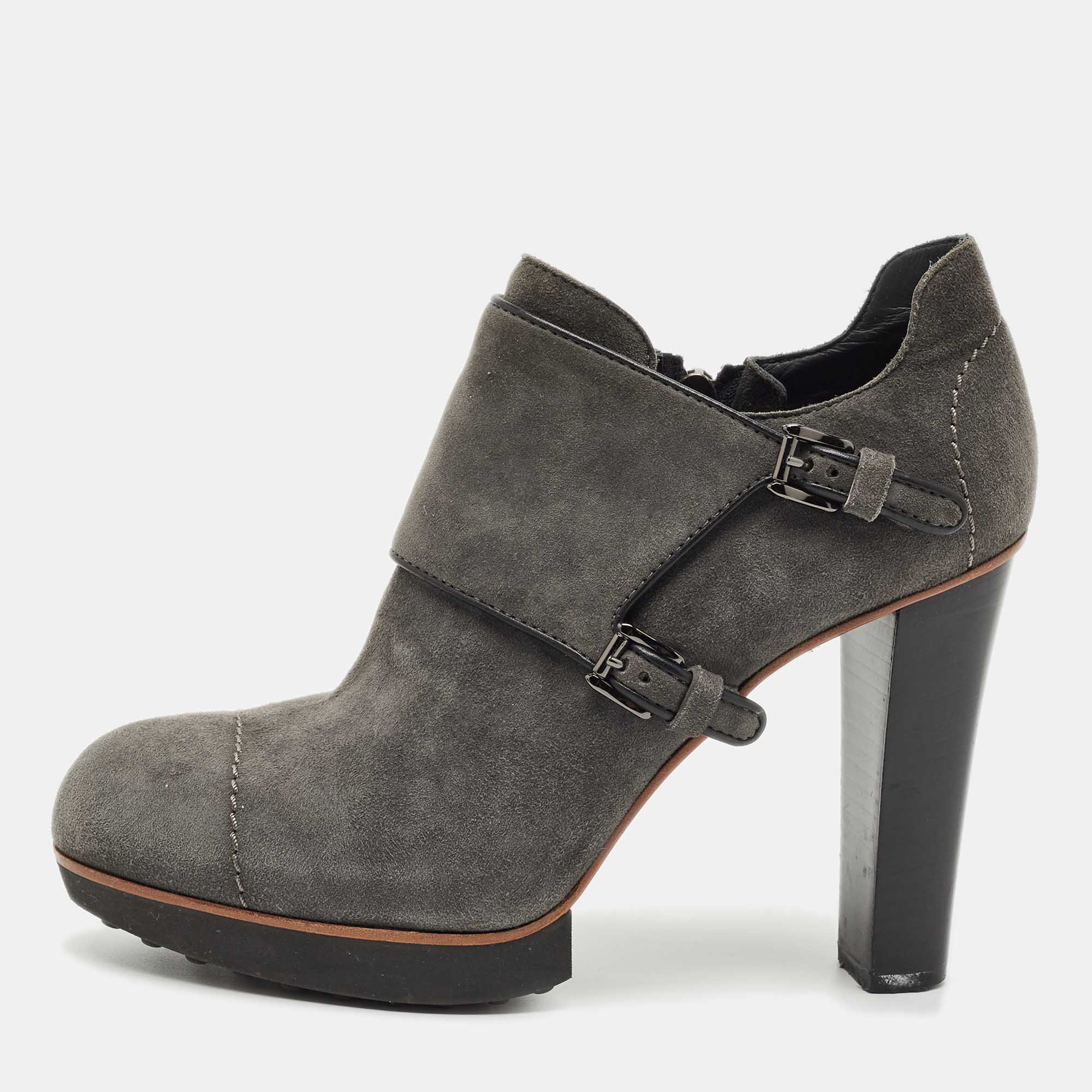 

Tod's Grey Suede Leather Buckle Detail Block Heel Booties Size