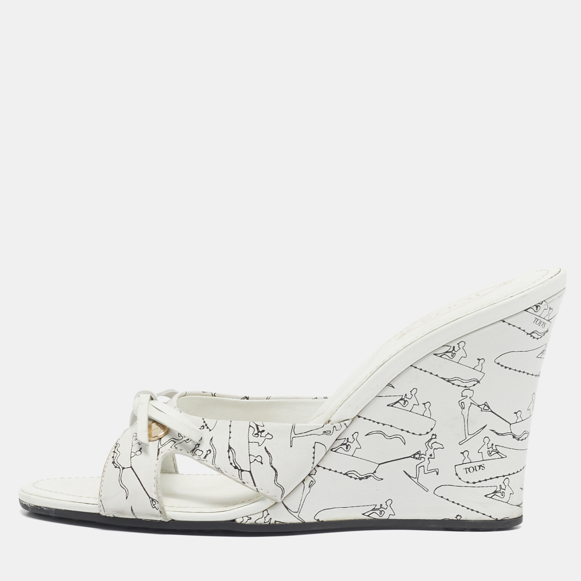 Pre-owned Tod's White/white Leather Bow Wedge Sandals Size 37