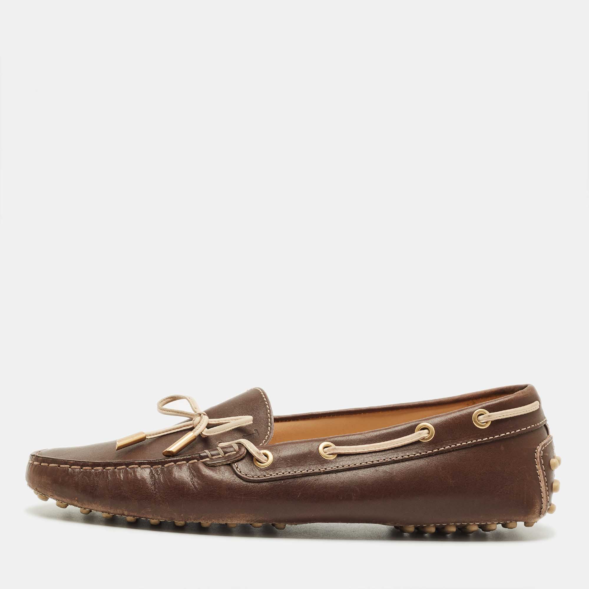 

Tod's Brown Leather Bow Slip On Loafers Size