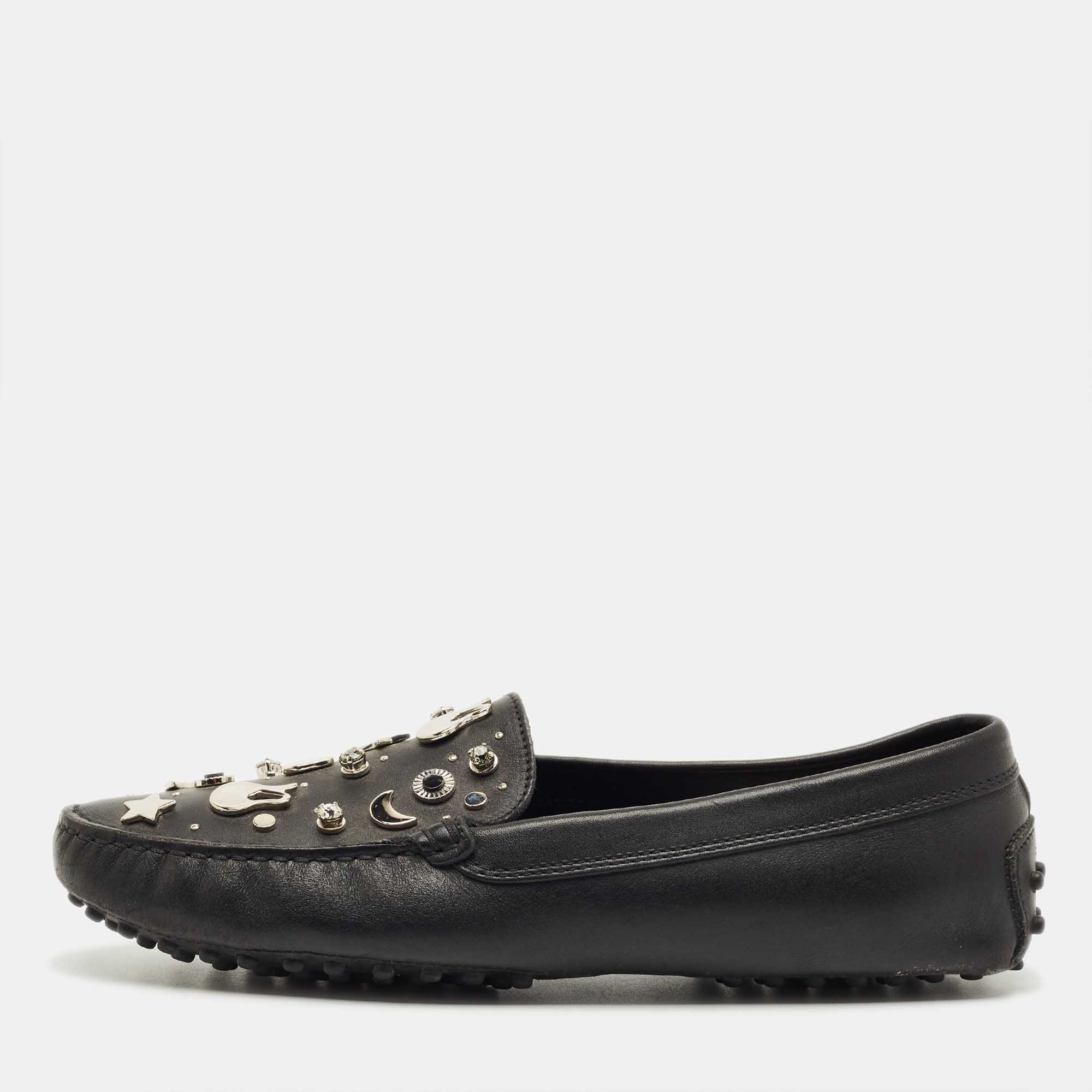 

Tod's Black Leather Embellished Driving Slip On Loafers Size