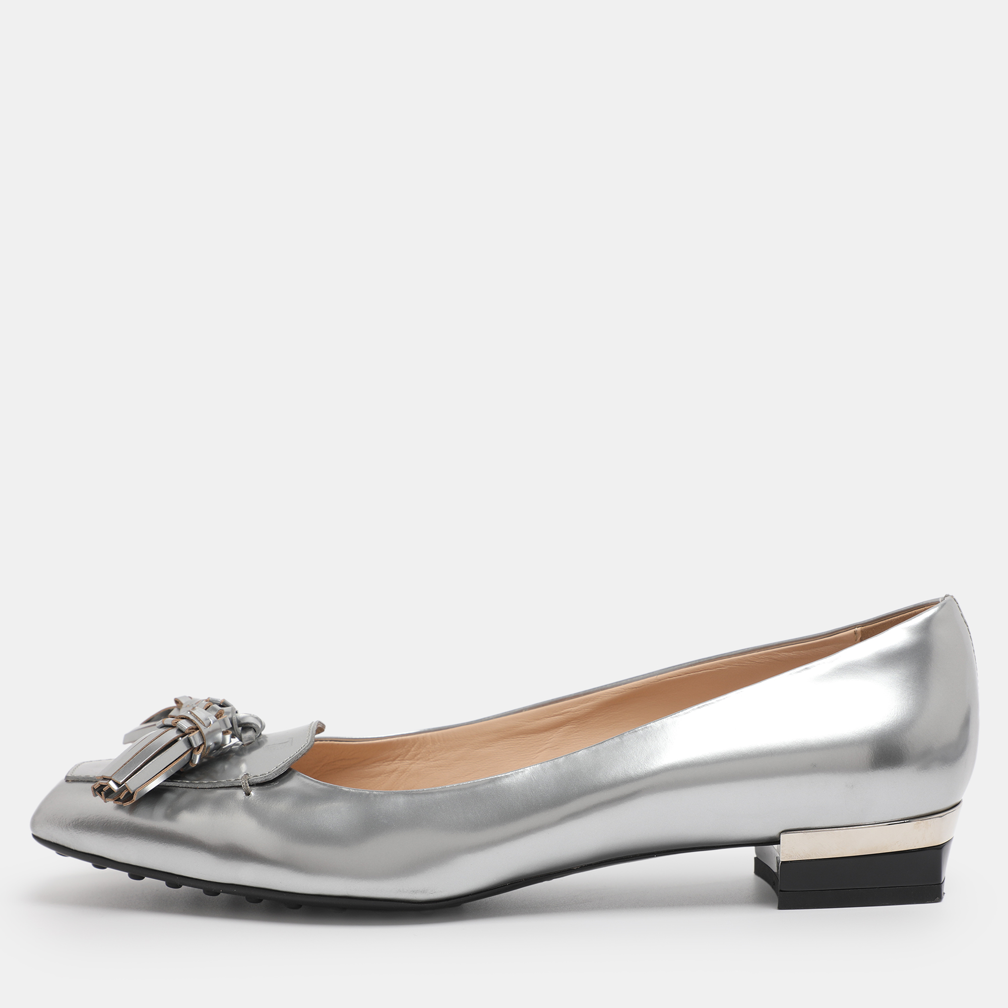

Tod's Silver Leather Fringes Loafers Size 39.5