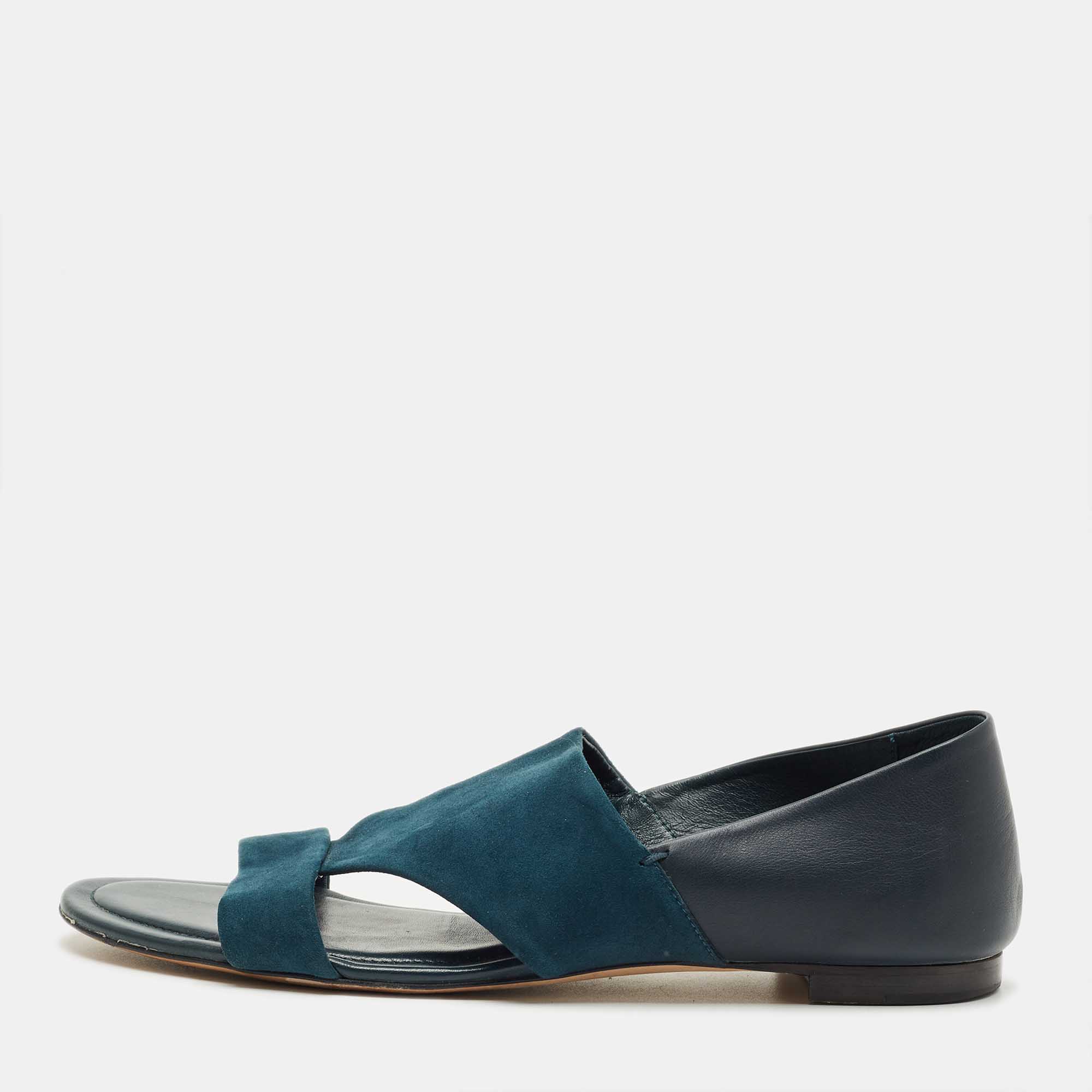 Pre-owned Tod's Teal Blue/navy Blue Suede Open Toe Flat Size 42
