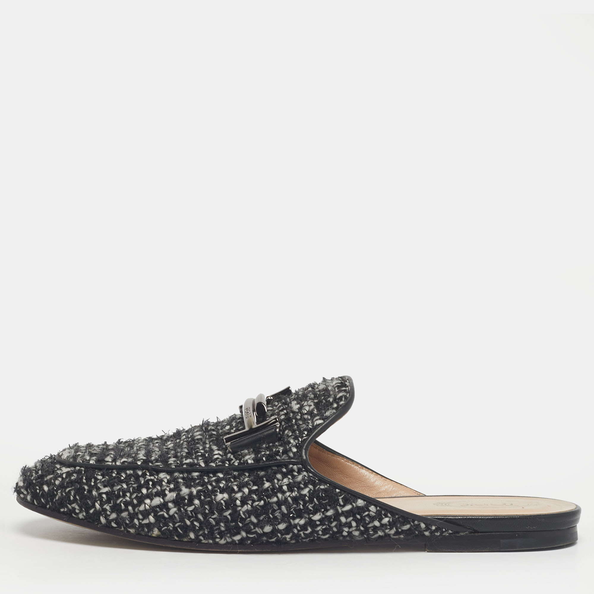 

Tod's Black Tweed Double T Flat Mules Size