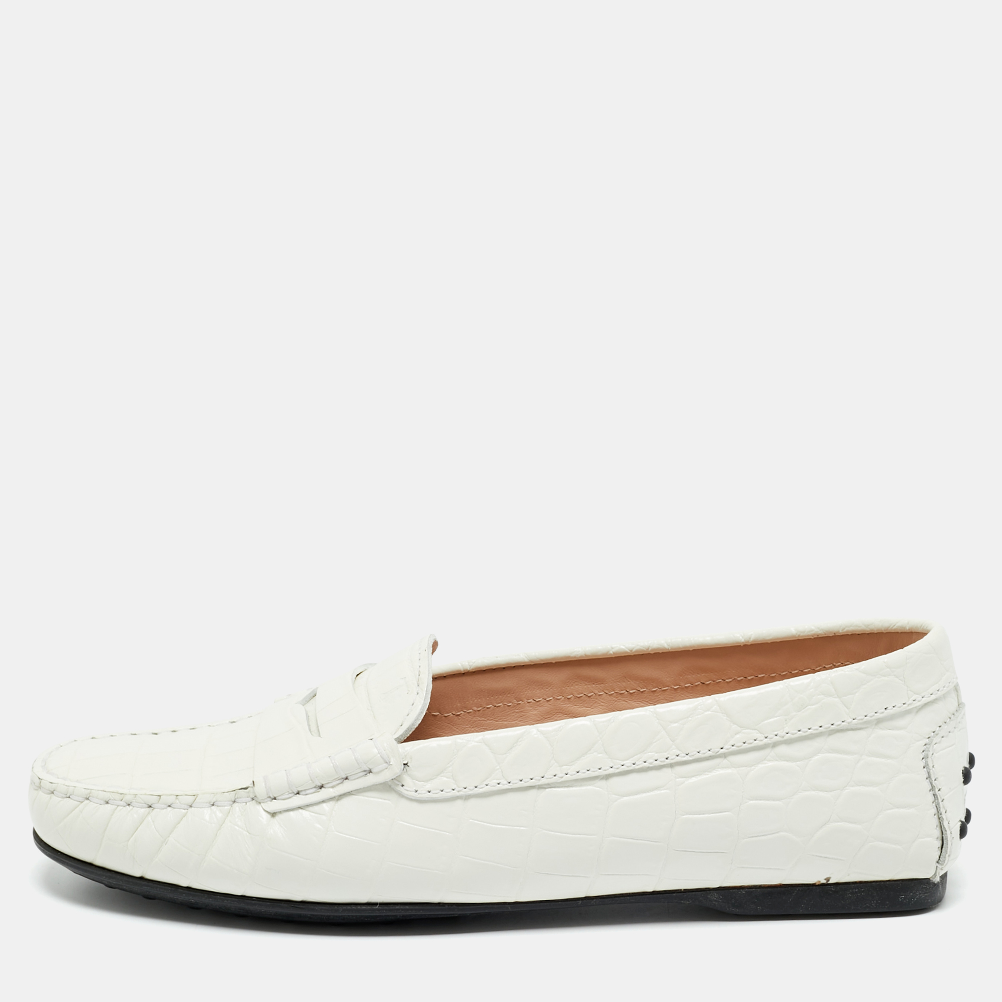 

Tod's Croc Embossed Leather Bow Slip On Loafers Size, White