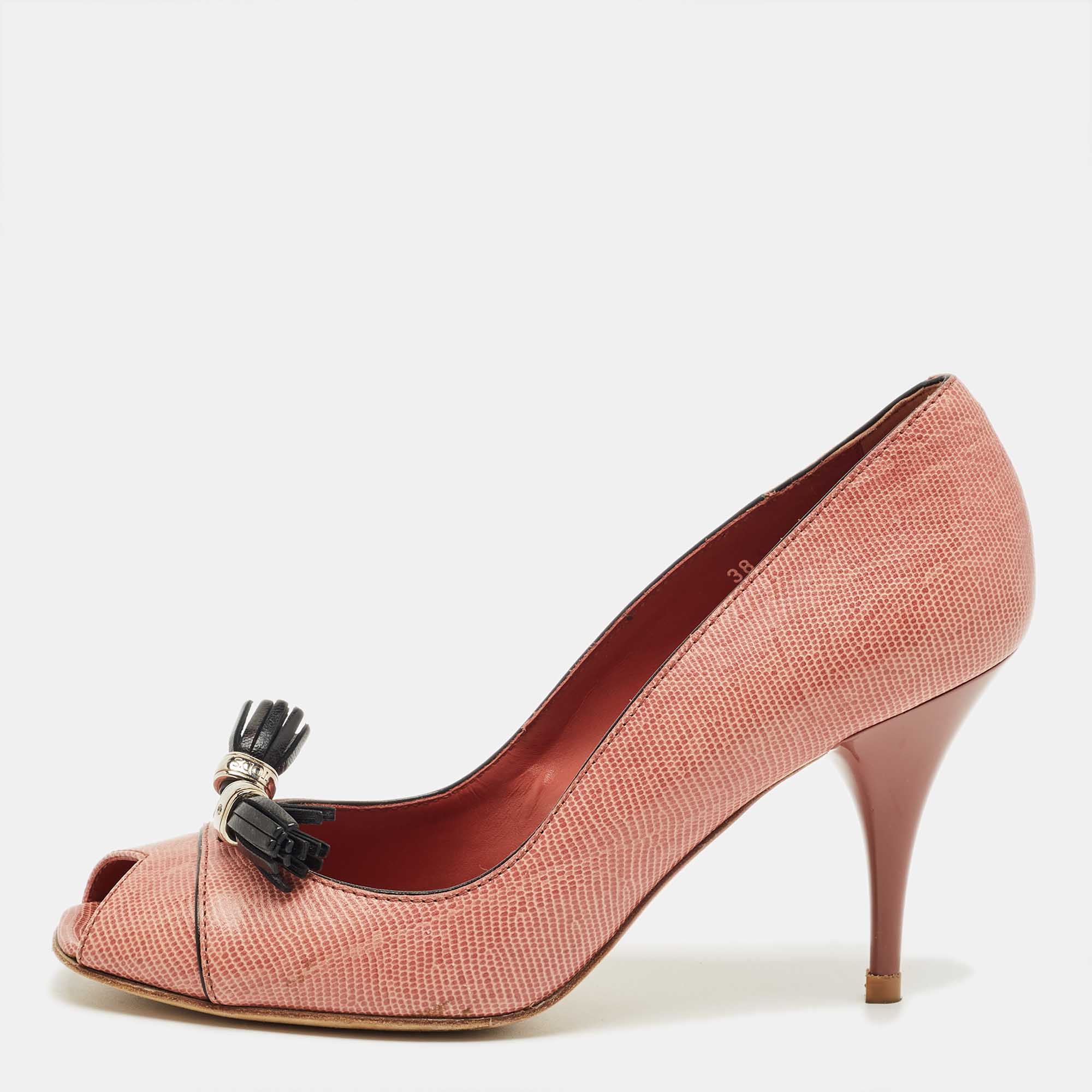

Tod's Pink Lizard Embossed Leather Peep Toe Pumps Size
