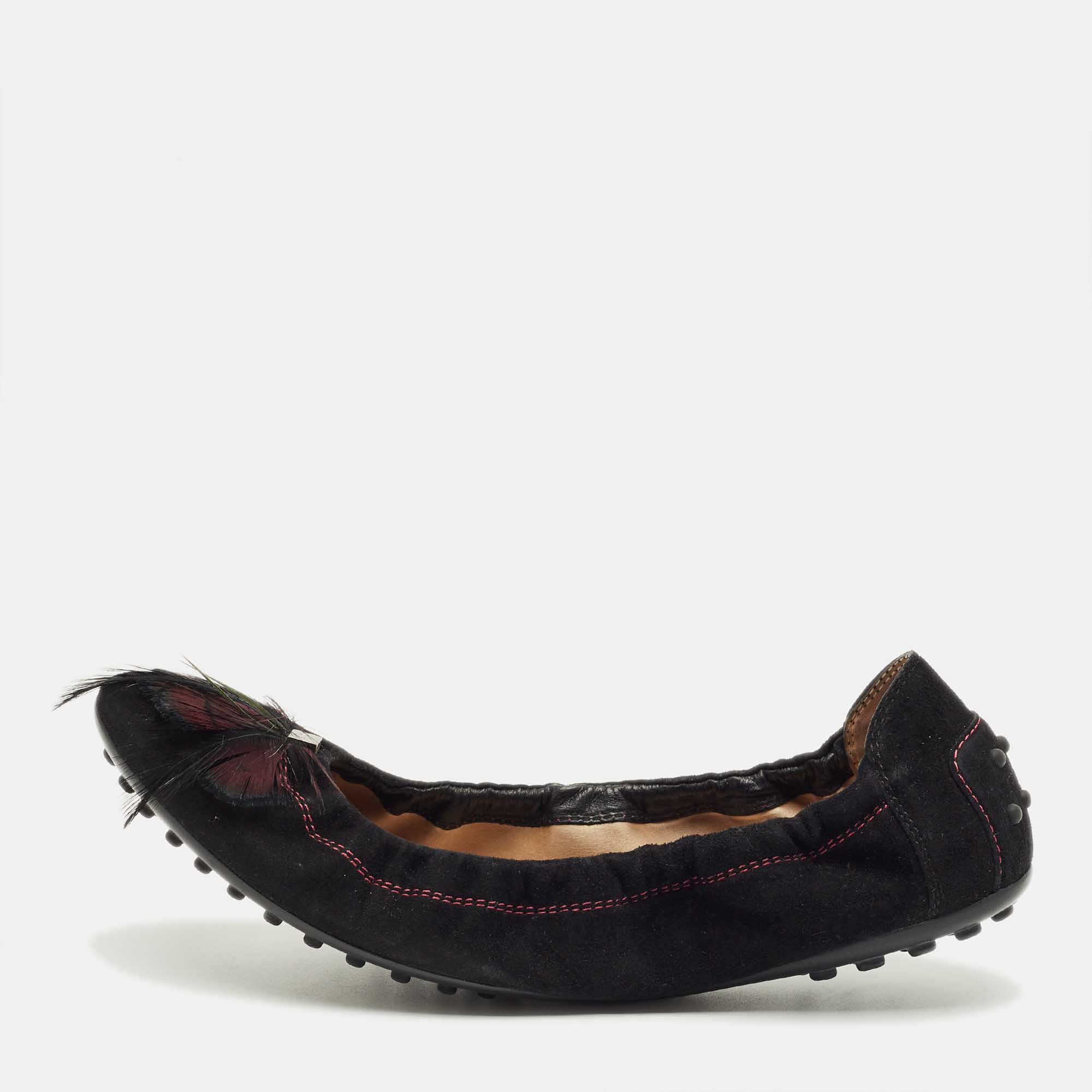 Pre-owned Tod's Black Suede Scrunch Feather Embellish Ballet Flats Size 39