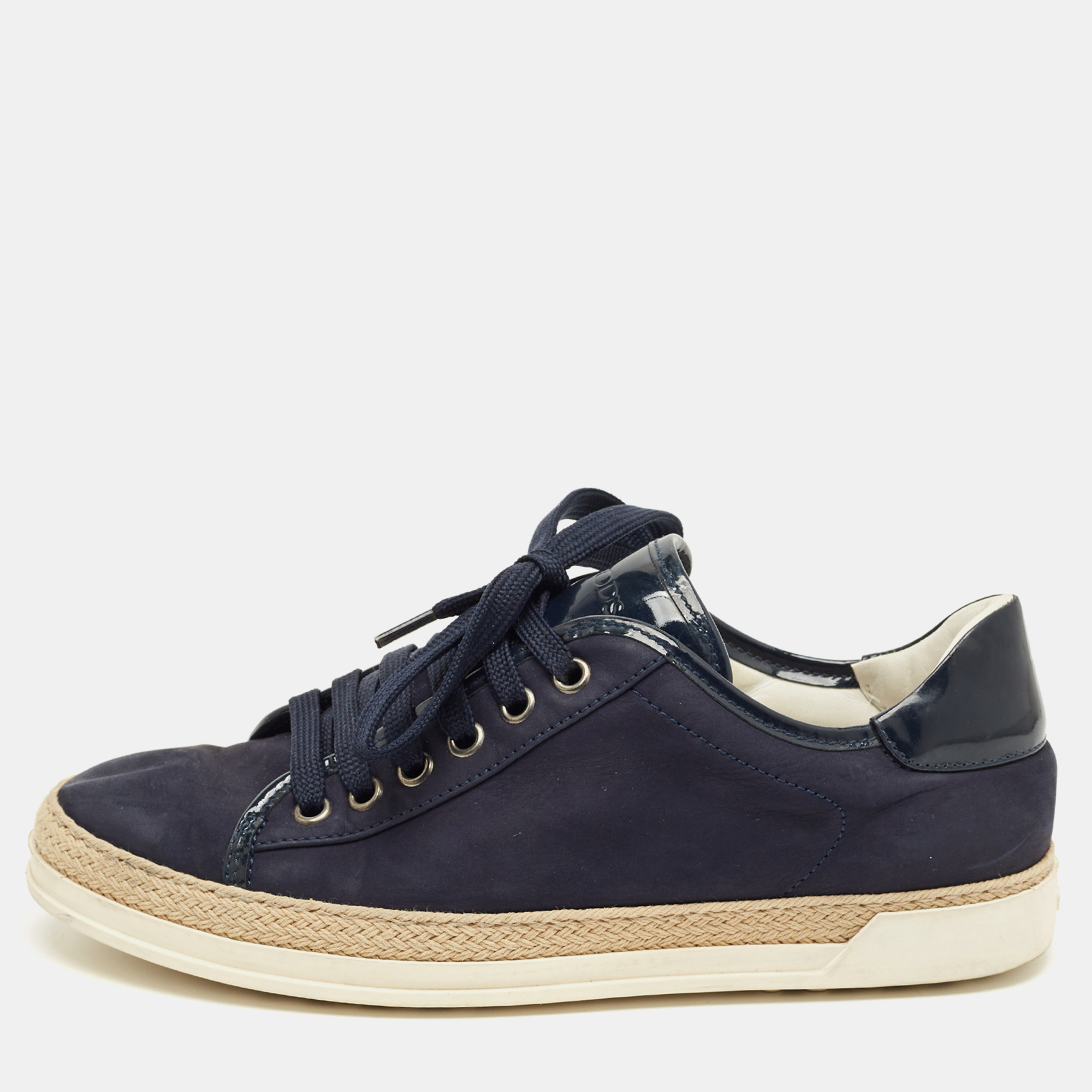 

Tod's Navy Blue Nubuck Leather and Patent Leather Lace Up Sneakers Size