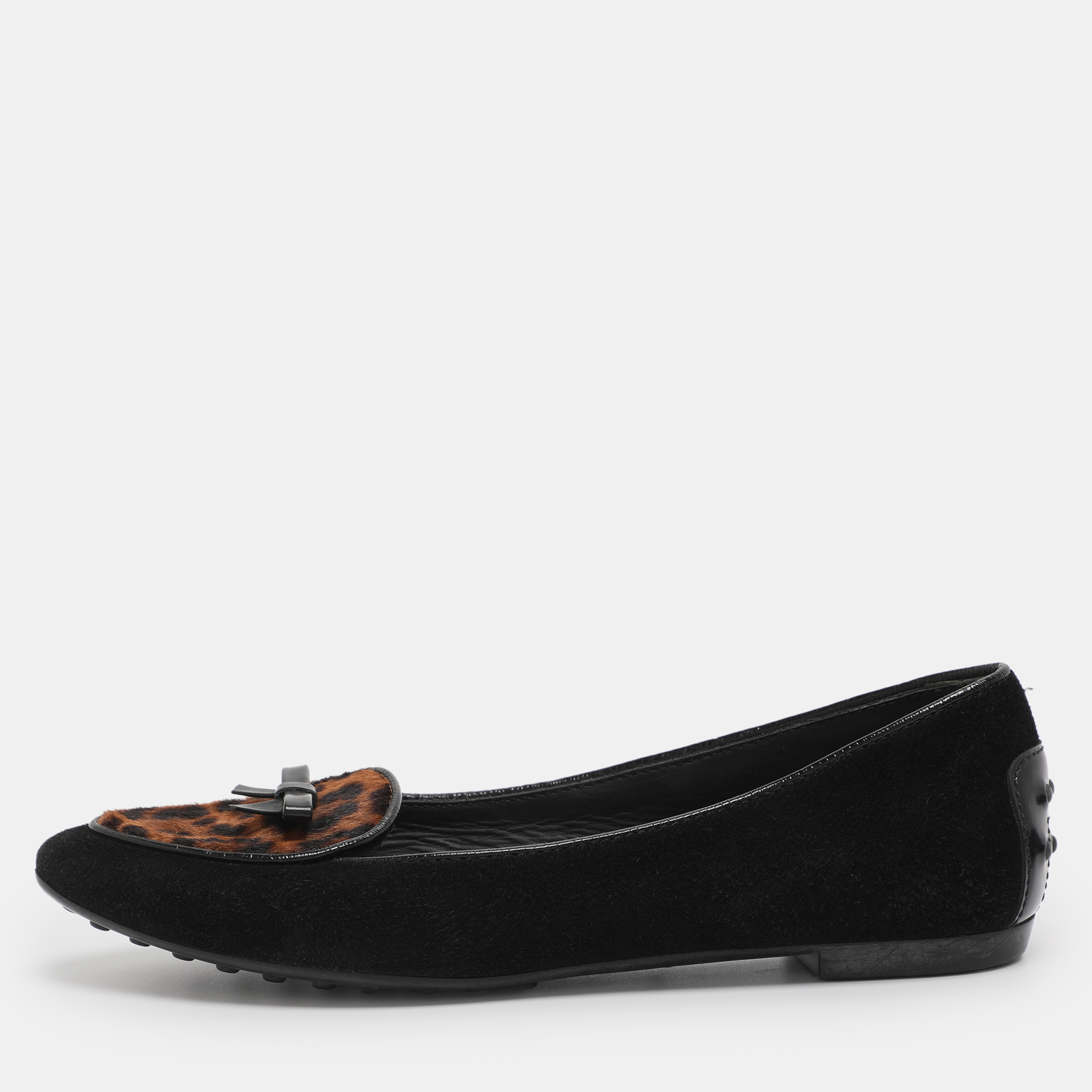 Pre-owned Tod's Black Leopard Print Calf Hair And Suede Bow Ballet Flats Size 36