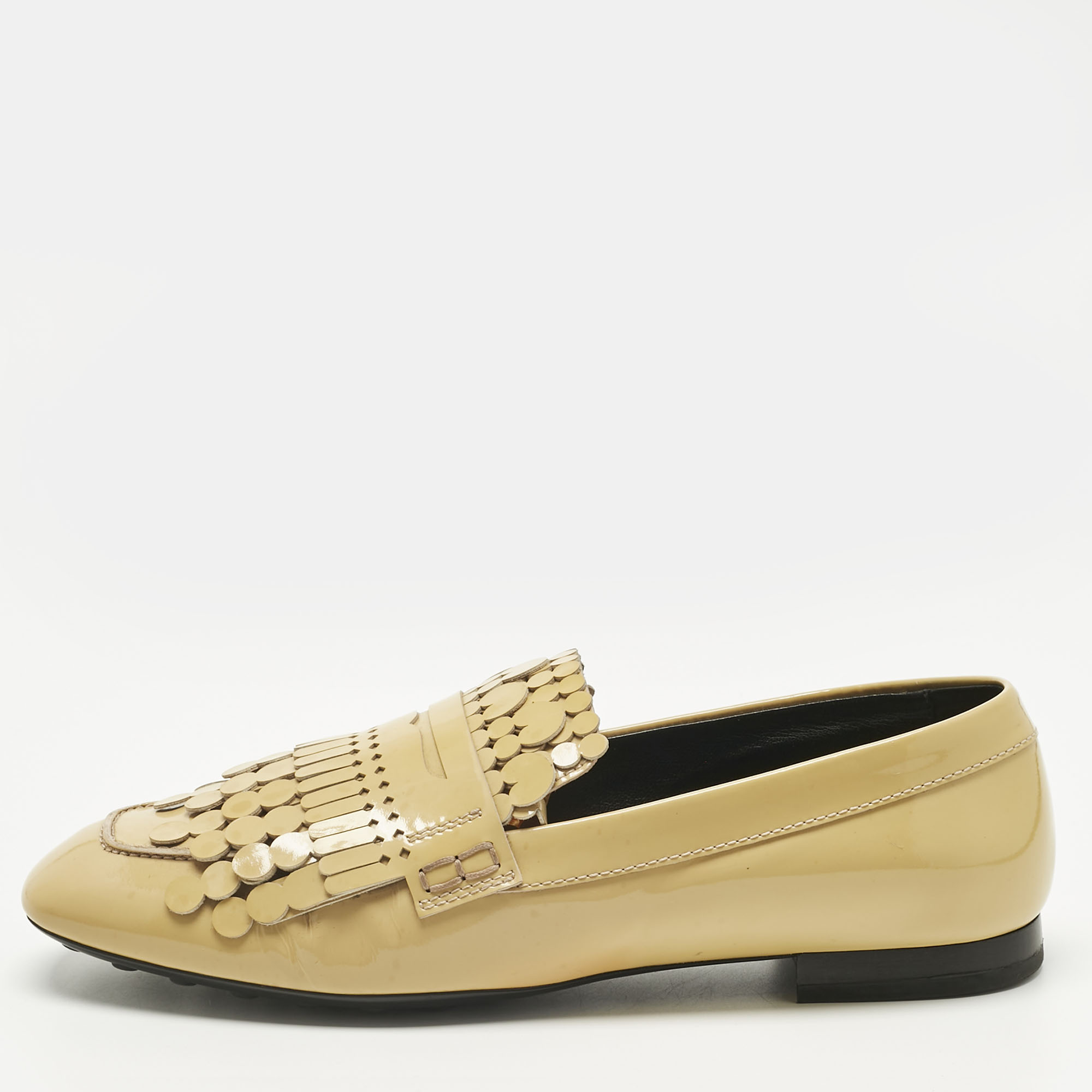 

Tod's Beige Patent Leather Fringe Penny Loafers Size
