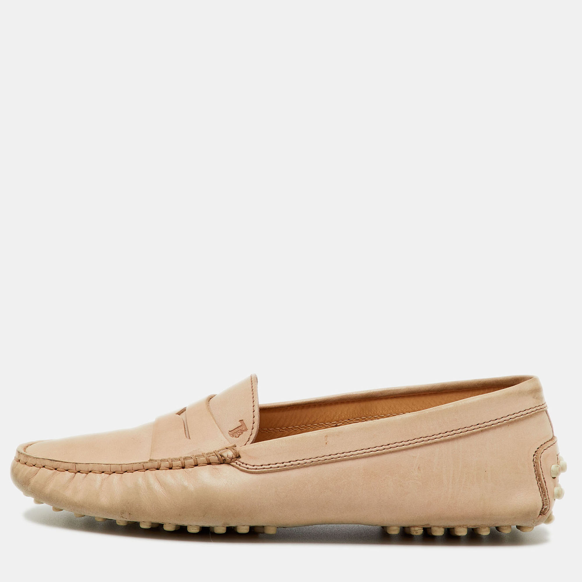 

Tod's Beige Leather Penny Slip On Loafers Size