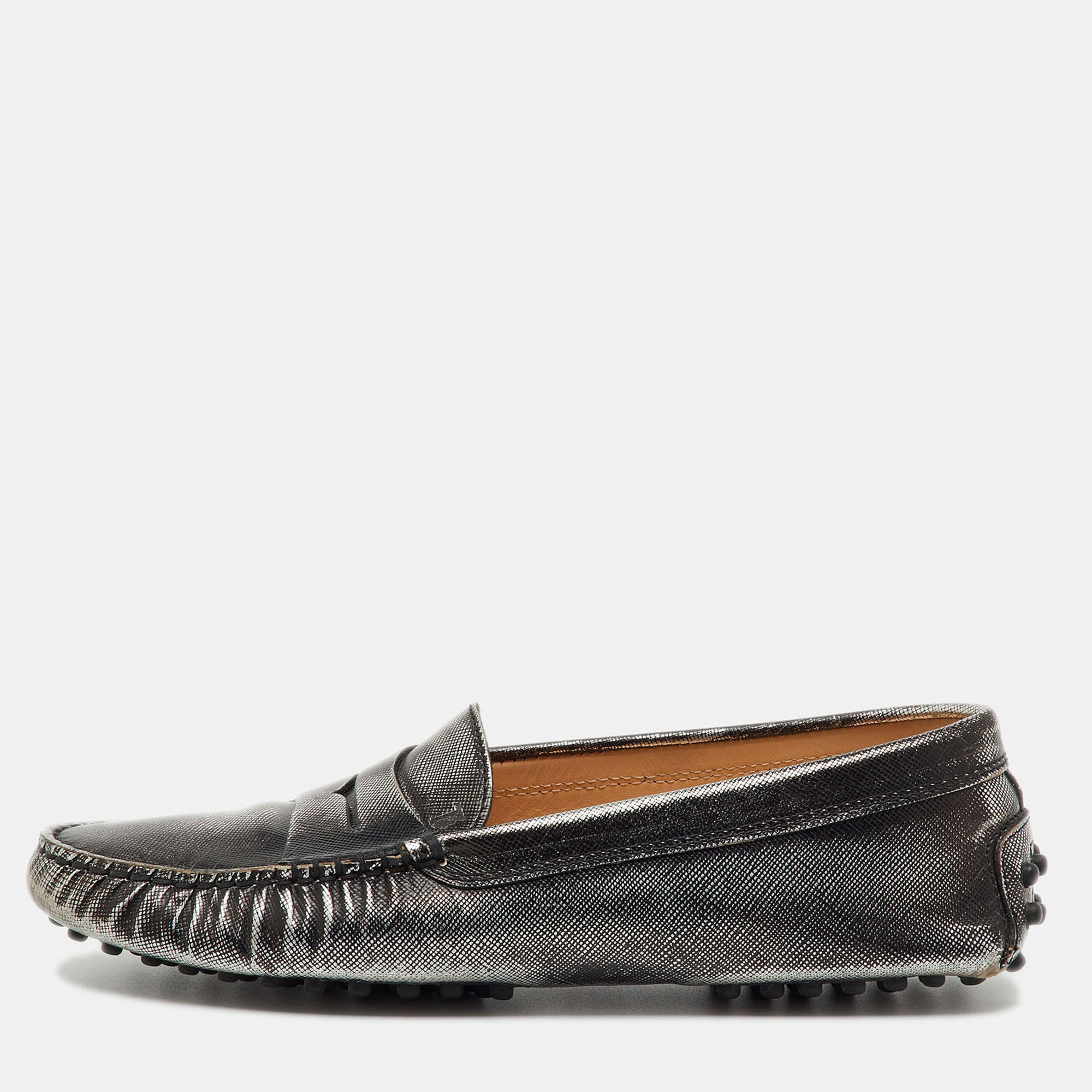 

Tod's Metallic Leather Penny Slip On Loafers Size