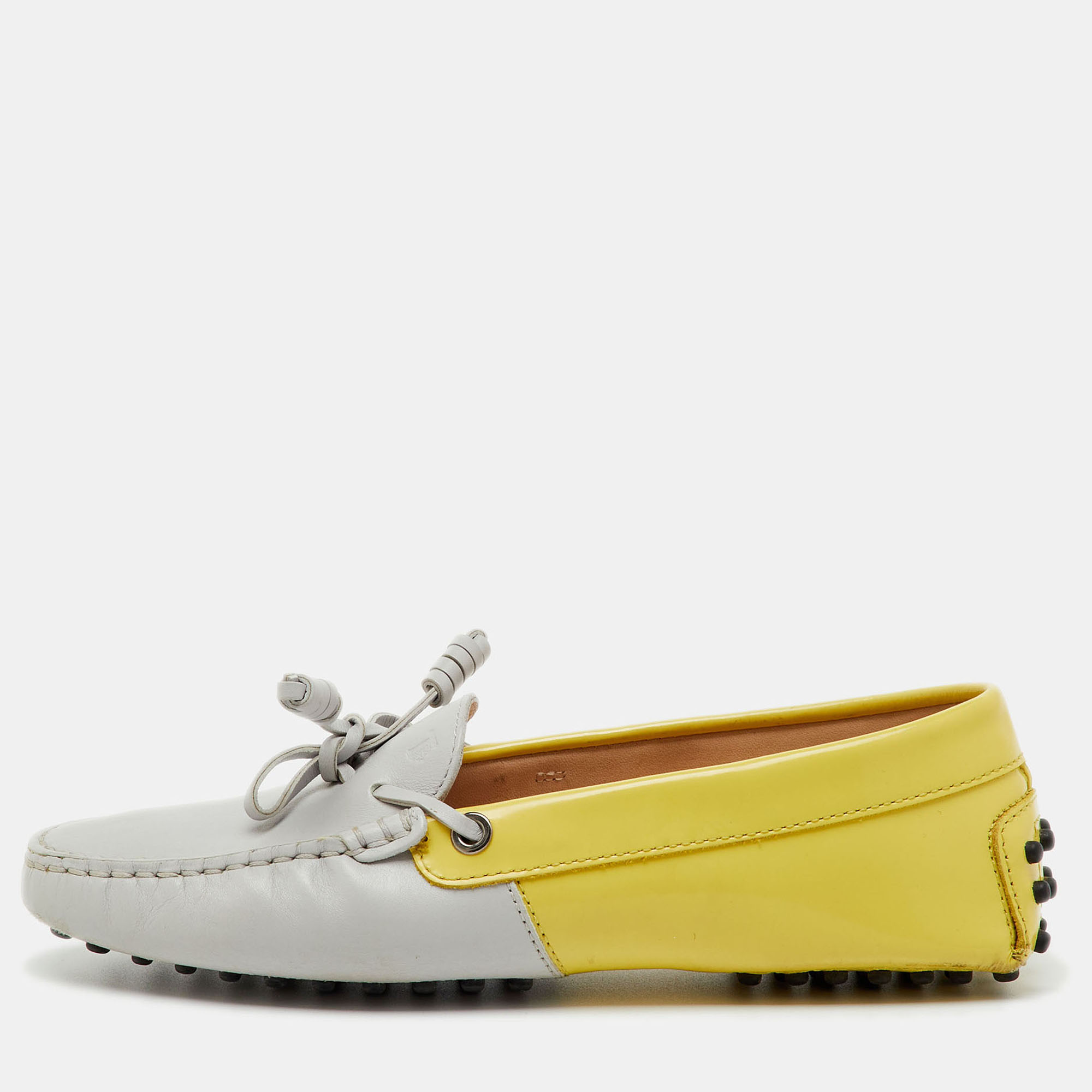 Pre-owned Tod's Yellow/grey Leather And Patent Bow Slip On Loafers Size 36