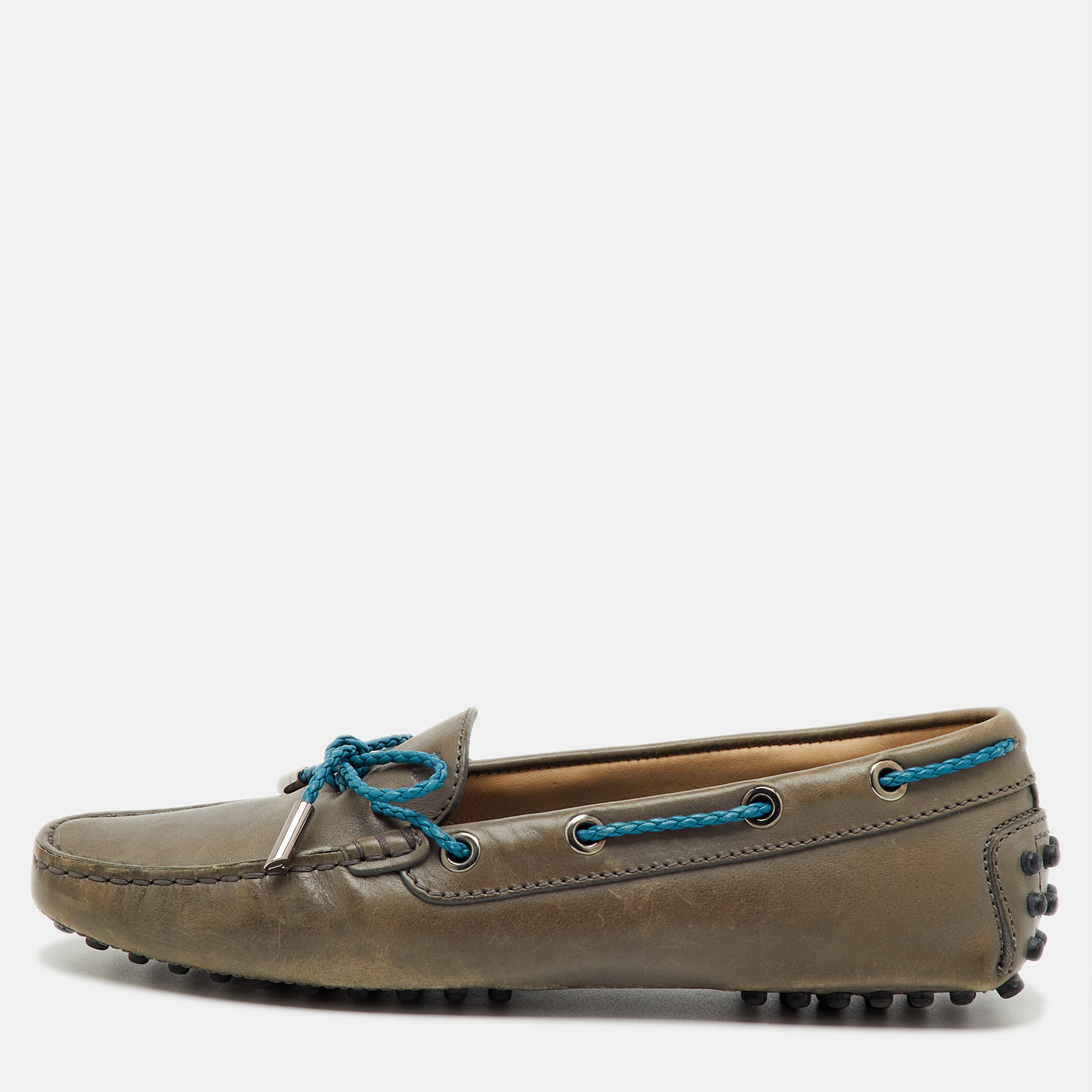 

Tod's Grey/Blue Leather Gommino Bow Slip On Loafers Size