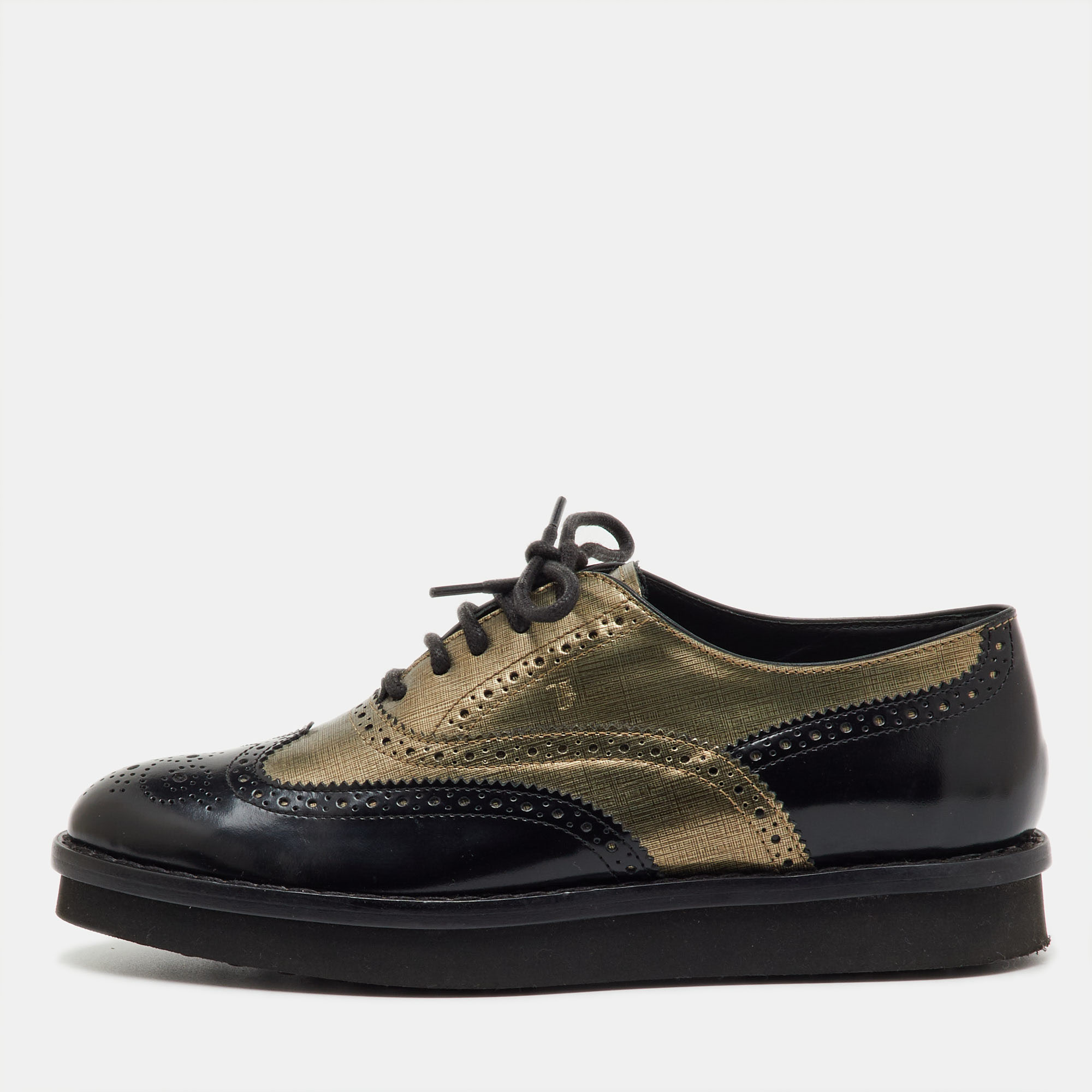 

Tod's Black/Metallic Gold and Leather Brogue Wingtip Lace Up Oxfords Size