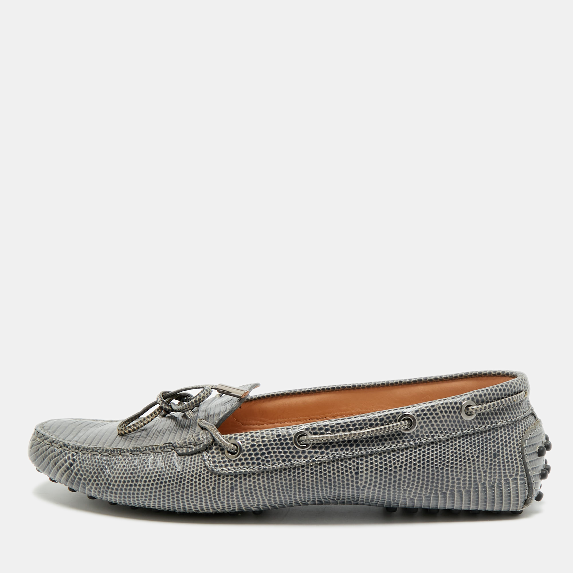 

Tod's Size  Grey Lizard Embossed Leather Bow Slip On Loafers
