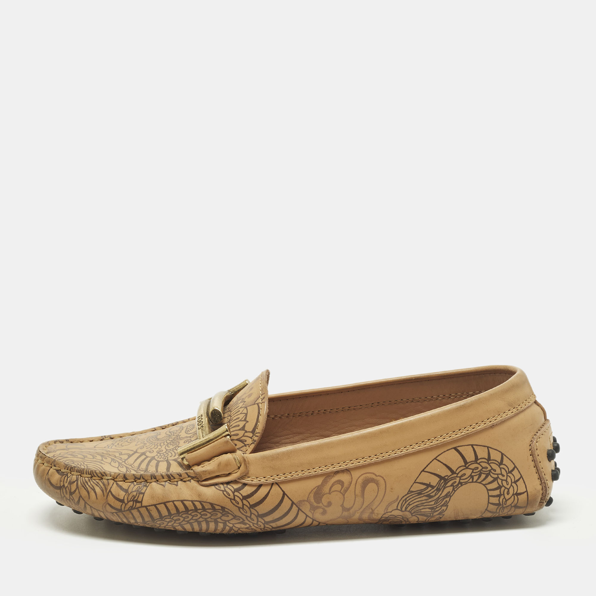 

Tod's Double T Size  Beige Tattoo Dragon Print Leather Slip On Loafers