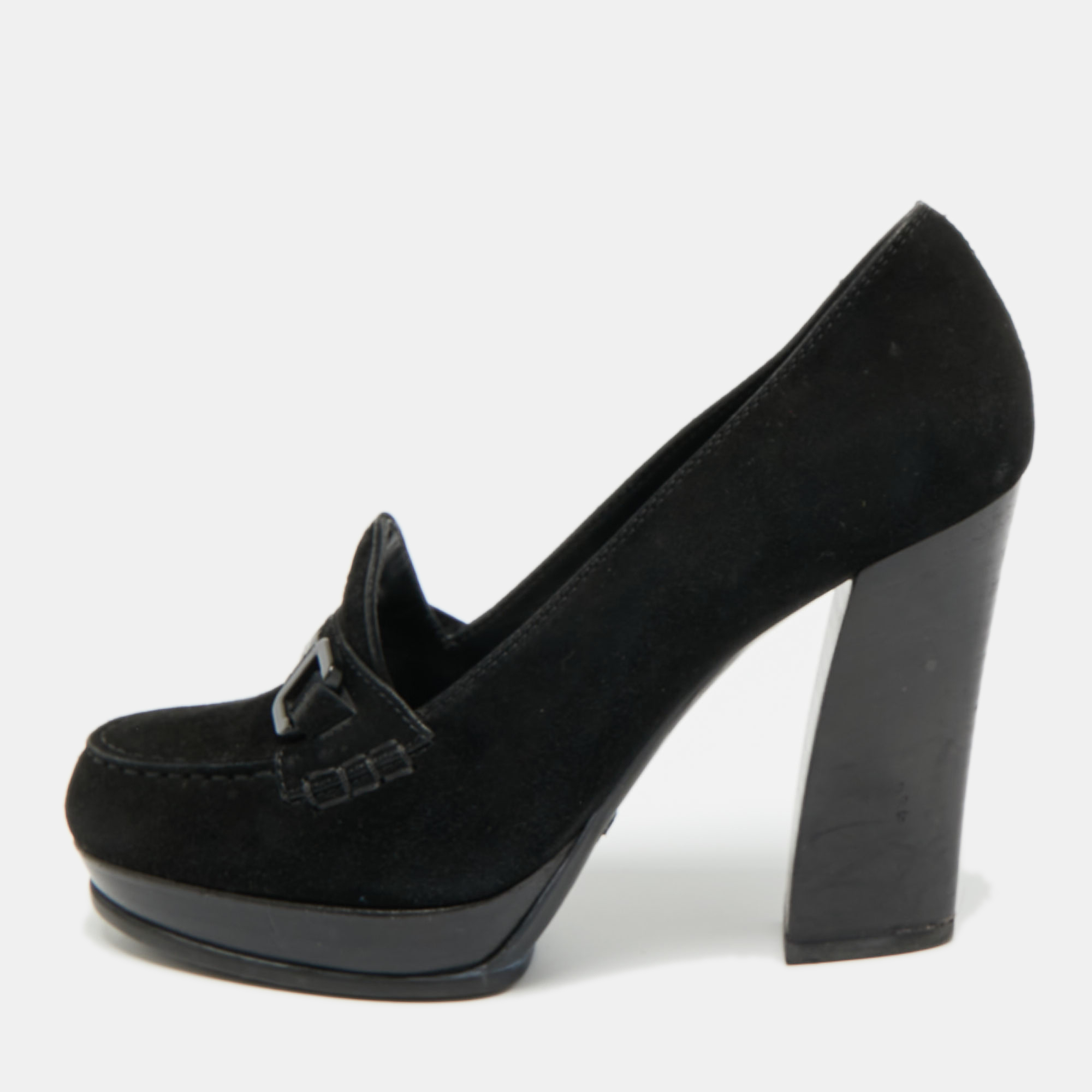 

Tod's Size  Black Suede Block Heel Loafer Pumps