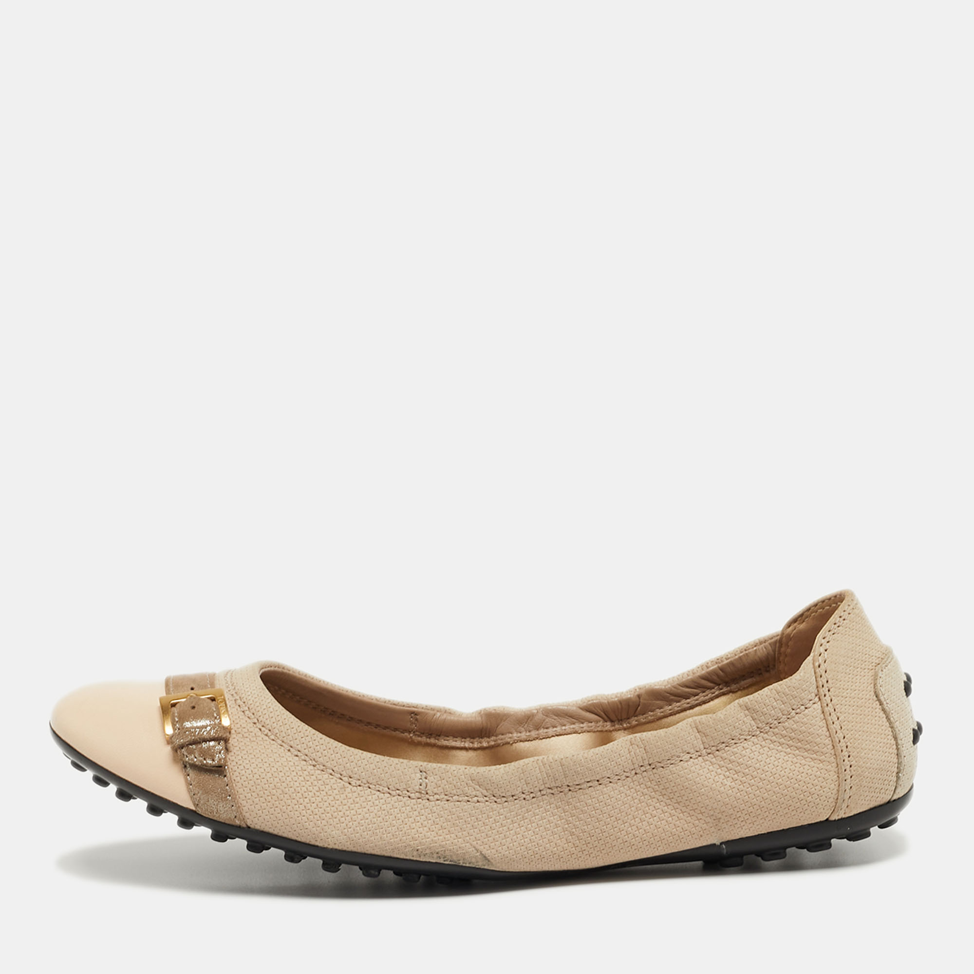 

Tod's Size  Grey/Beige Nubuck Leather and Suede Cap Toe Scrunch Ballet Flats