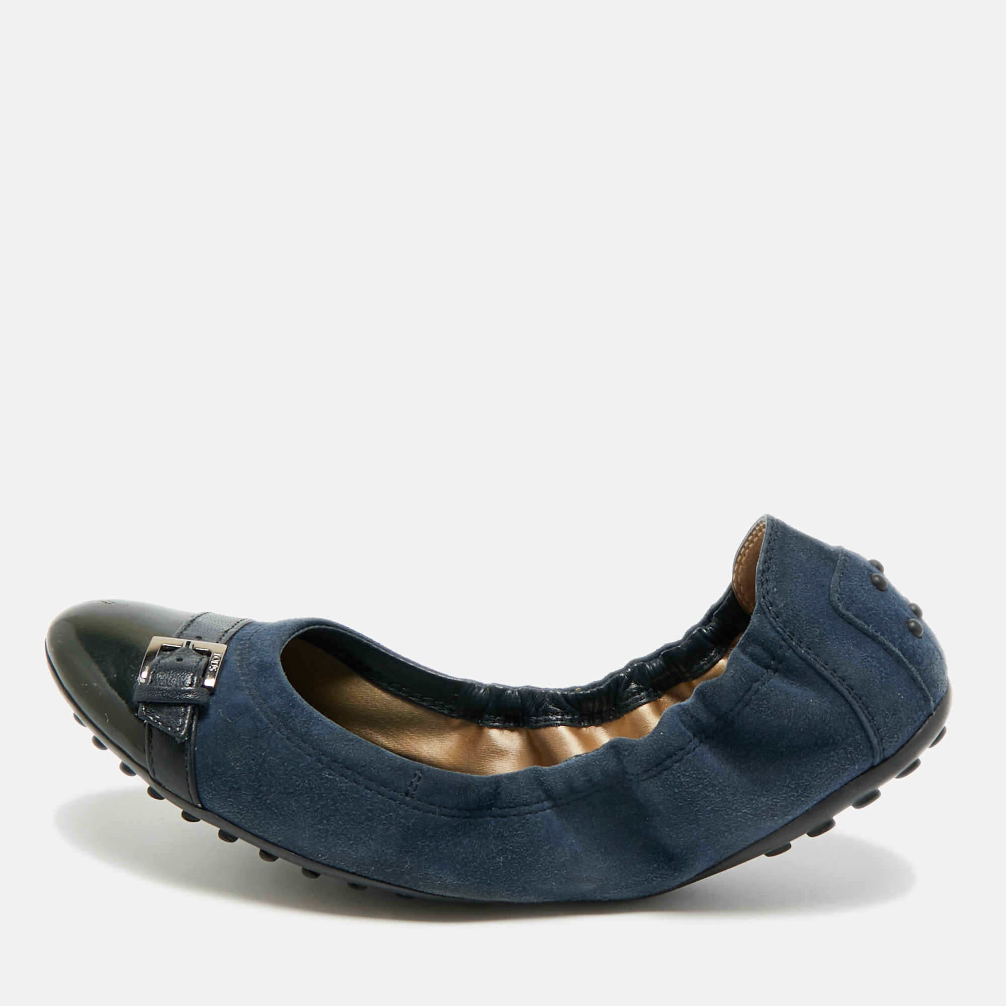 

Tod's Size  Two Tone Patent Leather and Suede Buckle Detail Scrunch Ballet Flats, Navy blue