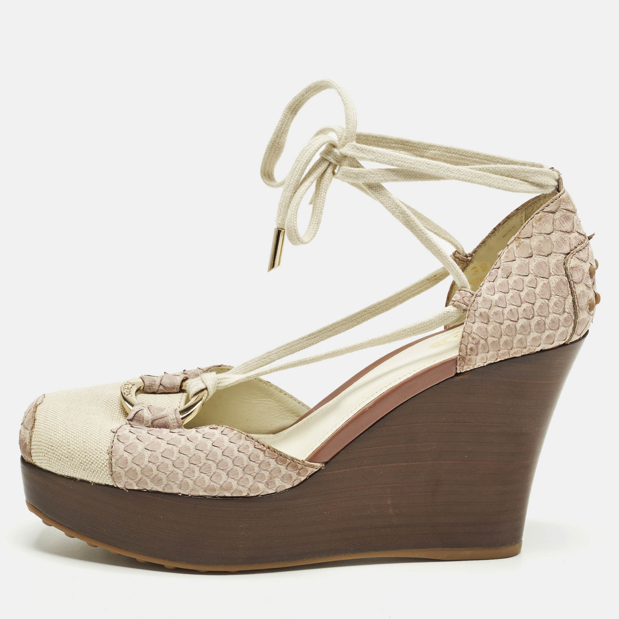 

Tod's Size  Grey Canvas and Python Leather Wedge Pumps