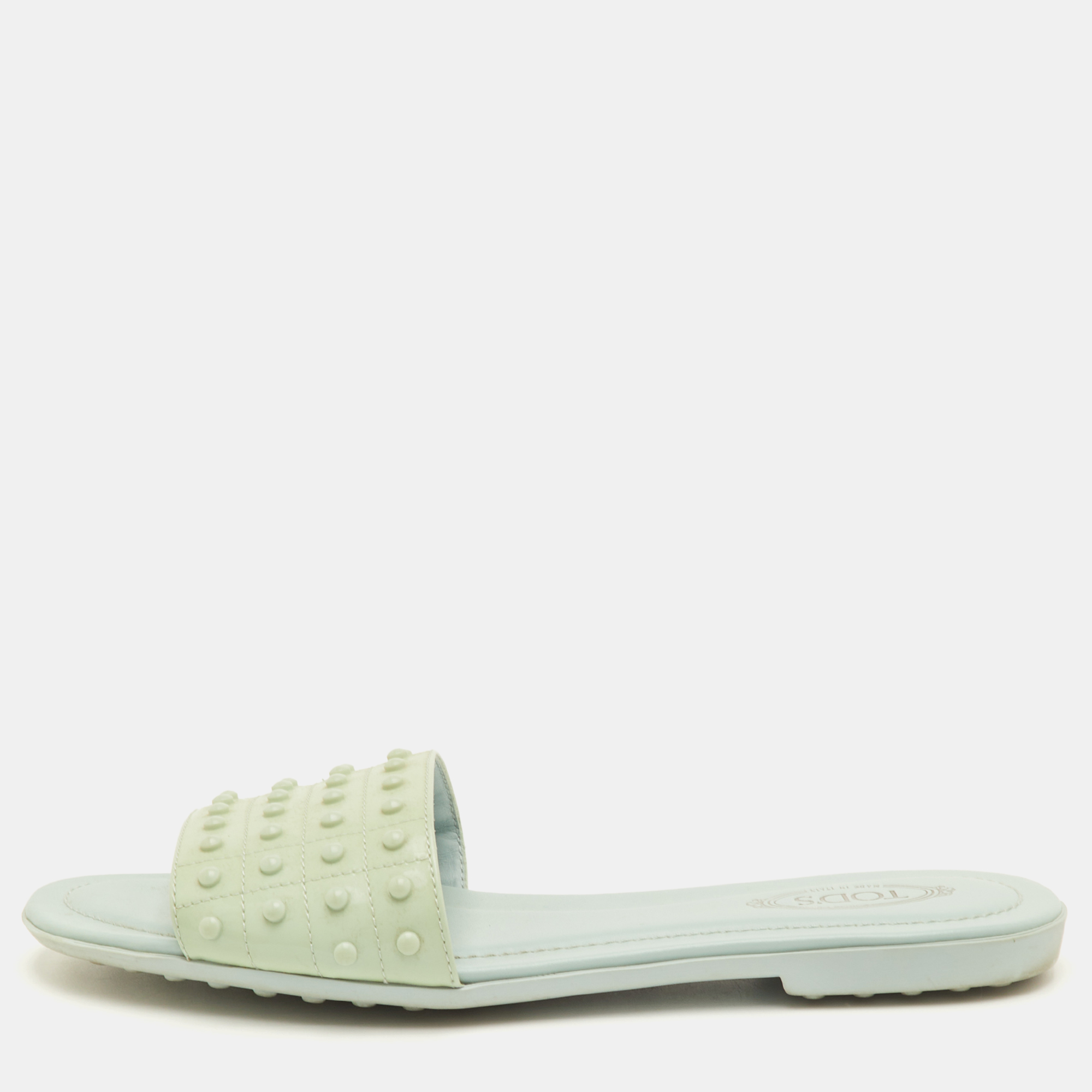 

Tod's Size  Mint Green Patent Leather Studded Flat Sandals