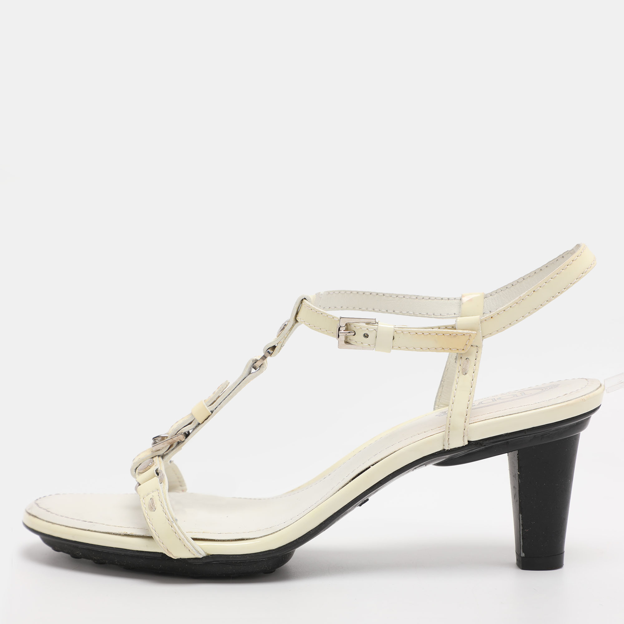 

Tod's Size 37 Cream Patent Leather Ankle Strap Sandals