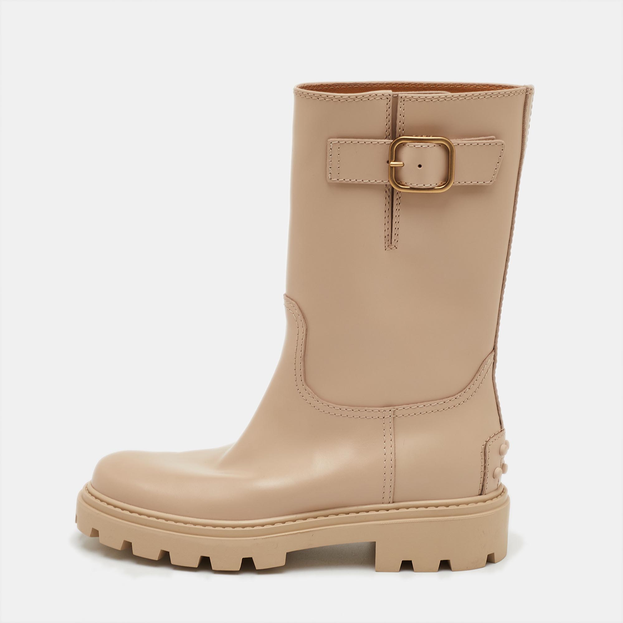 

Tod's Size  Beige Smooth Leather Buckle Detail Mid Calf Boots
