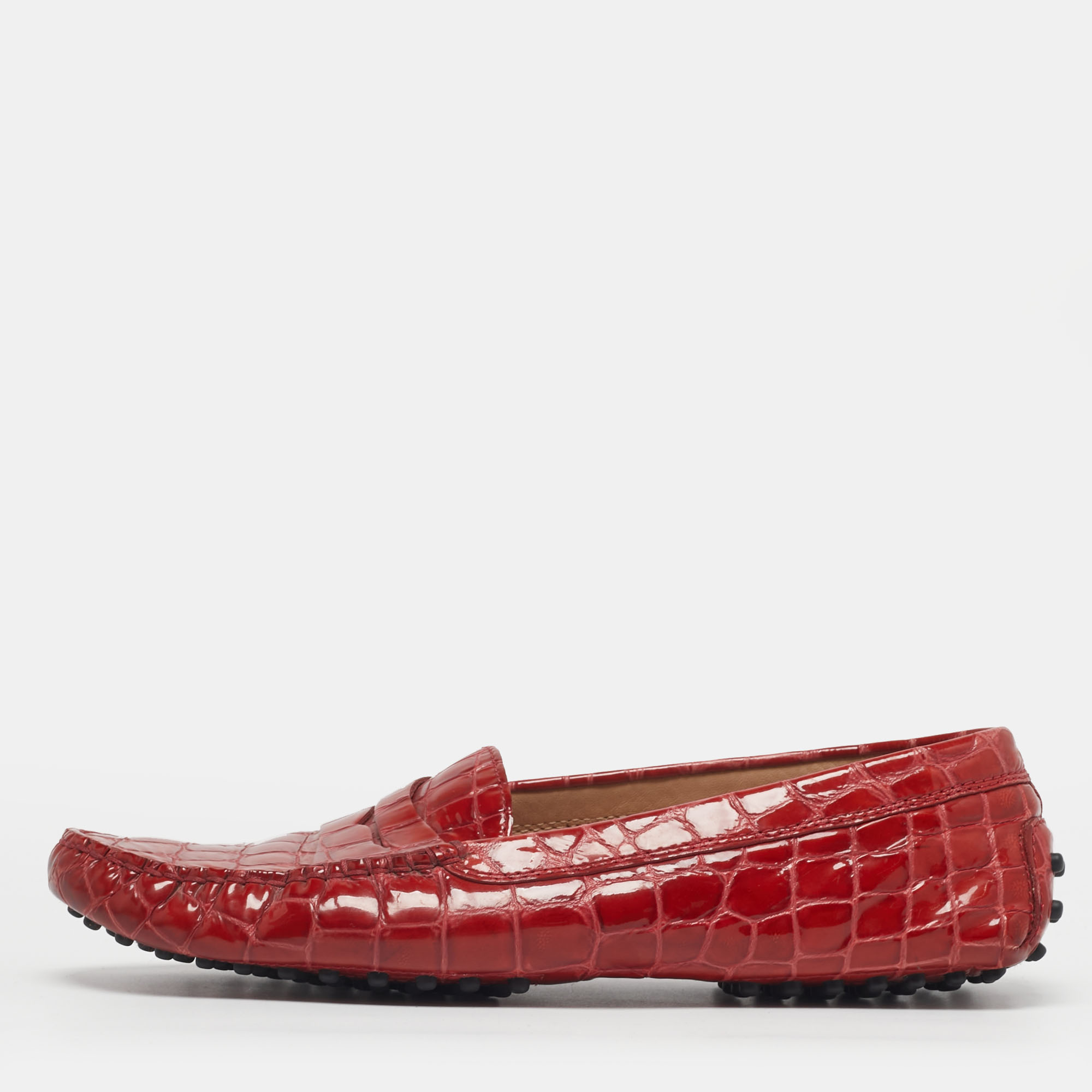 

Tod's Size  Red Croc Embossed Patent Leather Penny Loafers