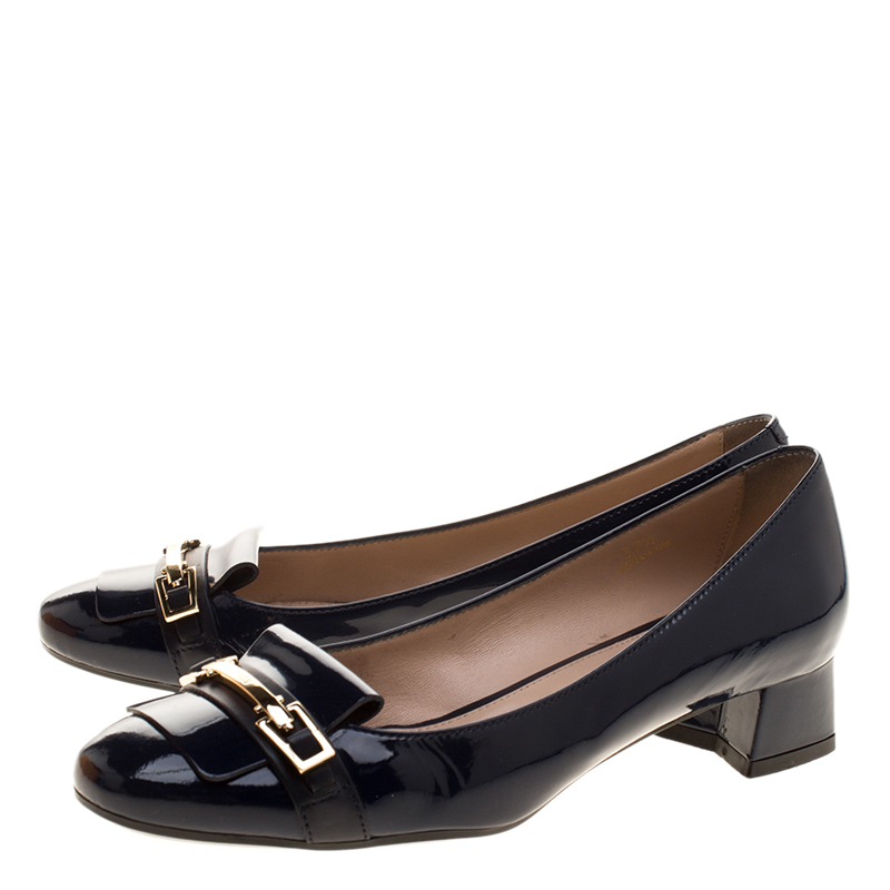 Tod's Navy Blue Patent Leather Block Heel Pumps Size 37.5 Tod's | TLC