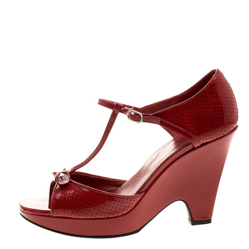 

Tod's Maroon Patent Leather T Strap Wedges Size, Red