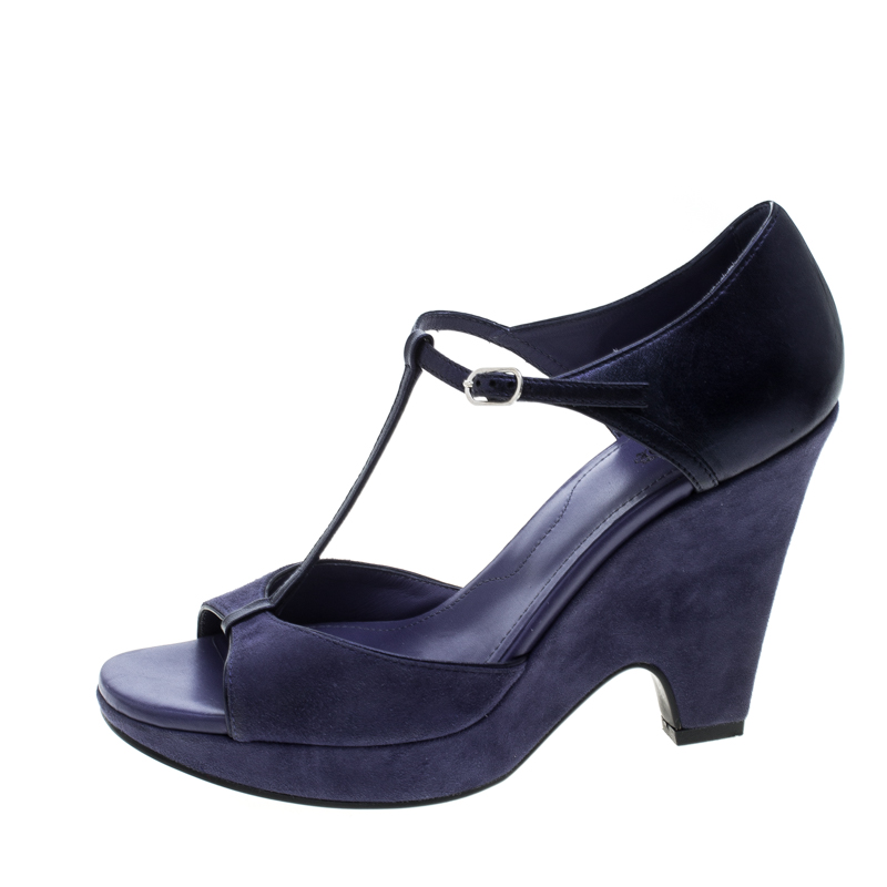 

Tod's Blue Suede T-Strap Platform Wedge Sandals Size
