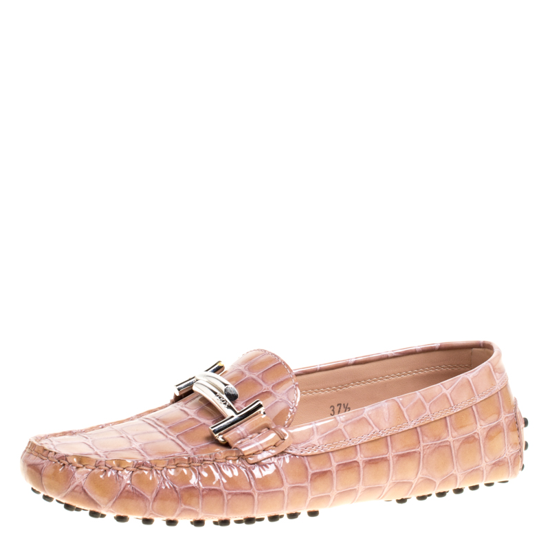 Tod's Pale Pink Croc Embossed Patent Leather Gommino Double T Buckle Driver Loafers Size 37.5