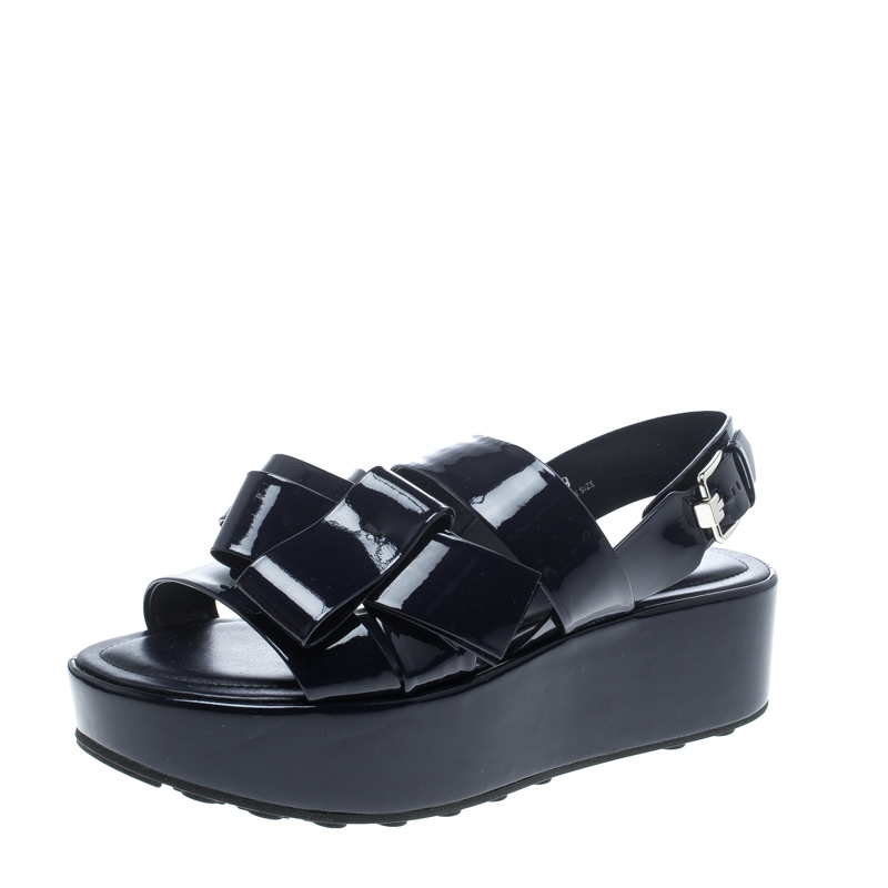 Pre Owned Tod's Navy Blue Patent Leather Slingback Platform Sandals Size 39