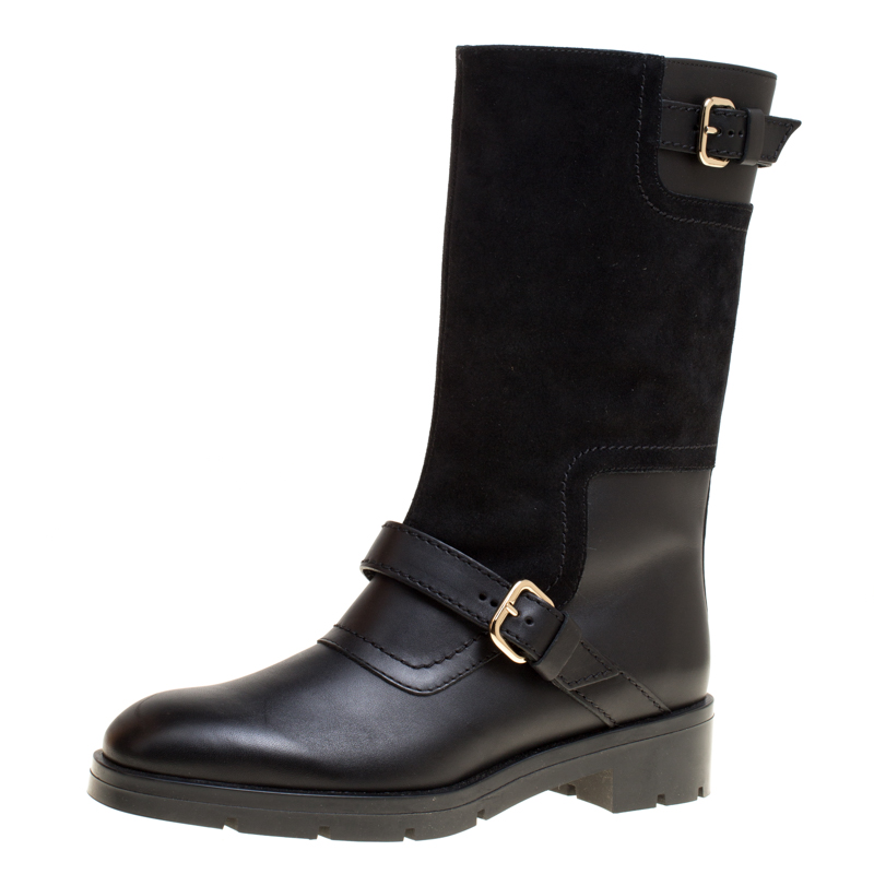 Tod's Black Leather and Suede Fibbie Mid Calf Biker Boots Size 37 Tod's ...