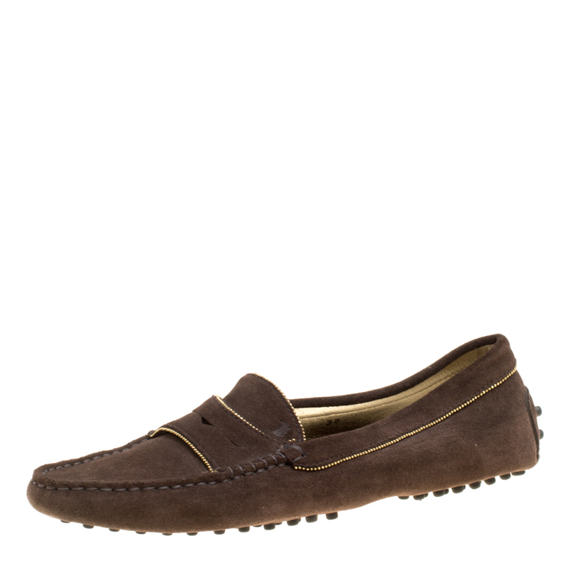Pre Owned Tod's Brown Suede Gold Trim Penny Loafers Size 38