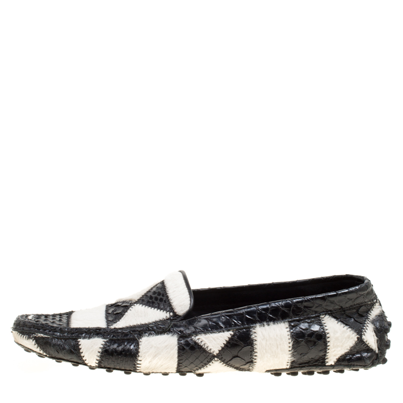 

Tod's Black/White Python and Calfhair Limited Edition Patchwork Loafers Size