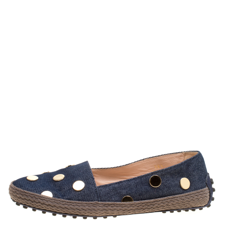 

Tod's Dark Wash Denim Studded Espadrille Flats Size, Blue