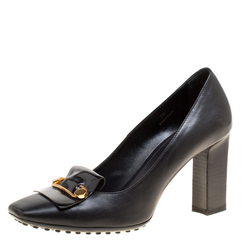 Pre Owned Tod's Black Leather Square Toe Loafer Pumps Size 36