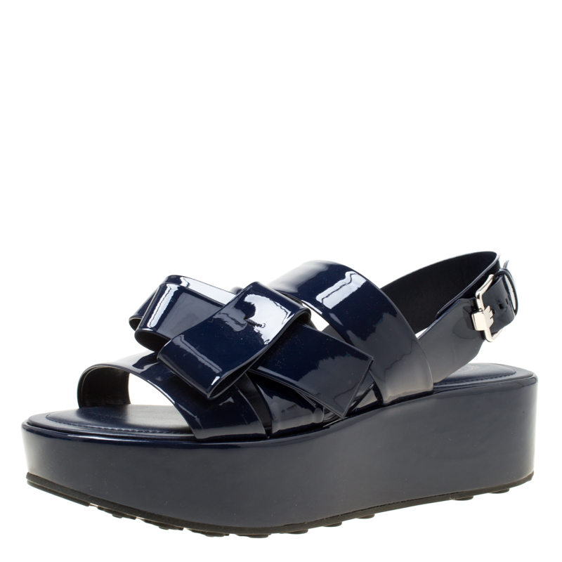 Tod's Navy Blue Patent Leather Slingback Platform Sandals Size 39