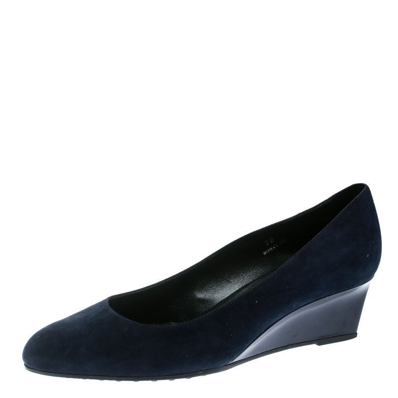 Pre Owned Tod's Oxford Blue Suede Wedge Pumps Size 38