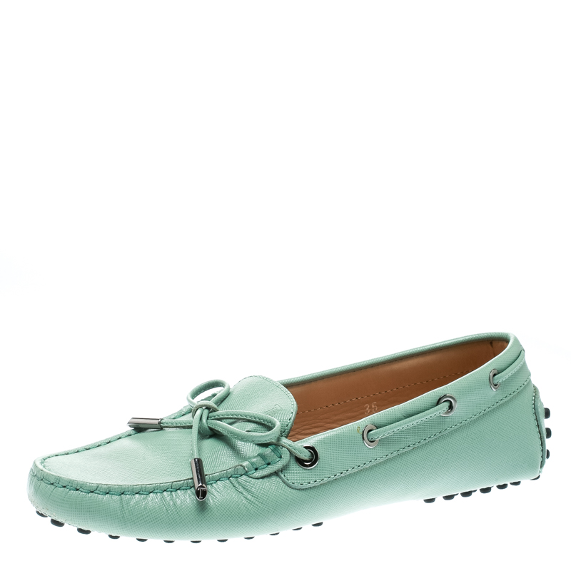 Pre Owned Tod's Green Leather Bow Loafers Size 36