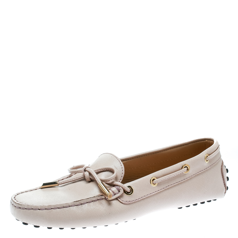 Pre Owned Tod's Blush Pink Leather Bow Loafers Size 36