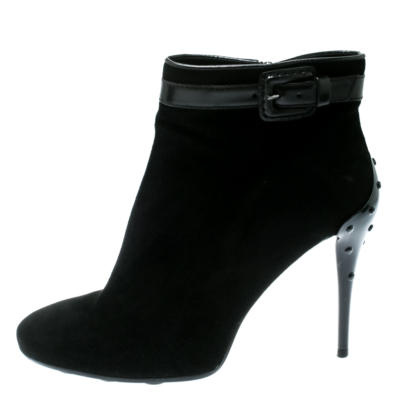

Tod's Black Suede Buckle Detail Ankle Booties Size