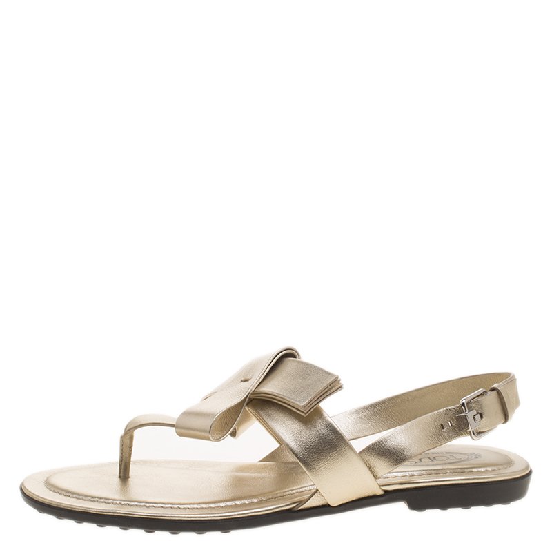 

Tod's Metallic Gold Leather Bow Detail Flat Thong Sandals Size