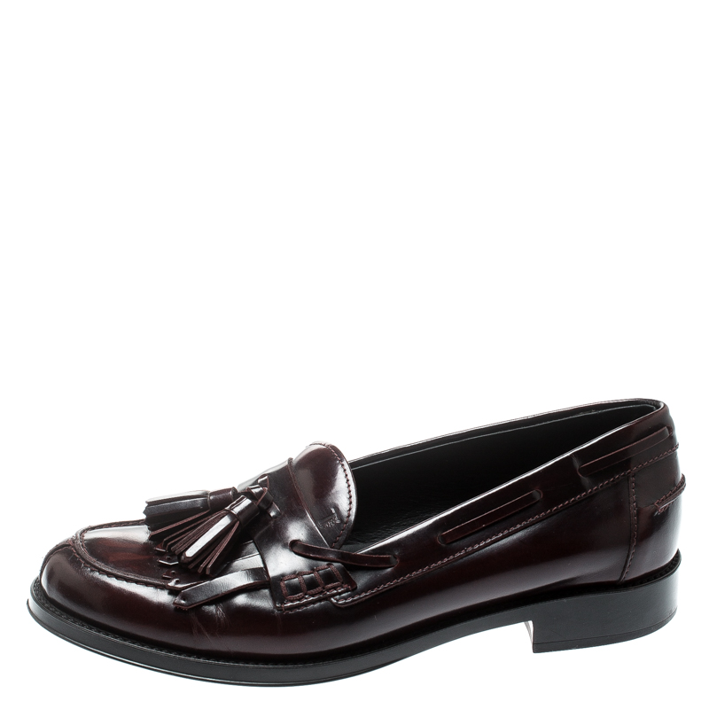 

Tod's Maroon Leather Tassel Fringe Detail Loafers Size, Brown