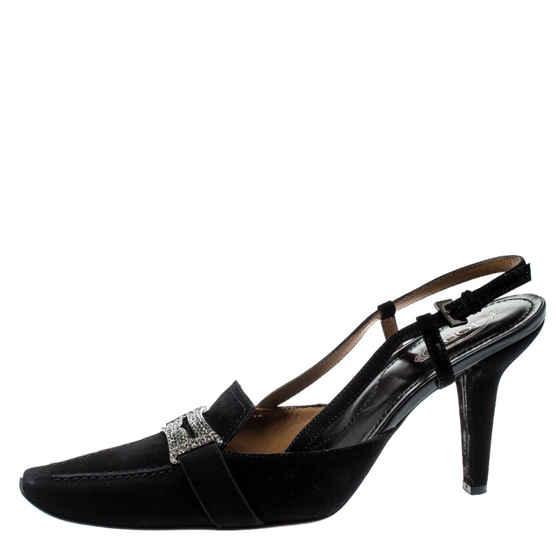 

Tod's Black Suede Crystal Embellished Penny Loafer Slingback Sandals Size