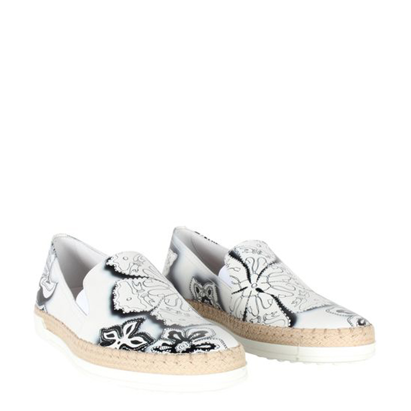 

Tod's White Monochrome Floral Printed Leather Espadrilles Size