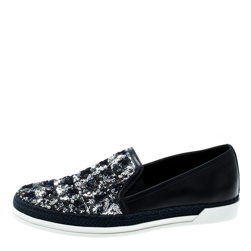 

Tod's Blue Leather Sequin Embellished Espadrille Slip On Sneakers Size