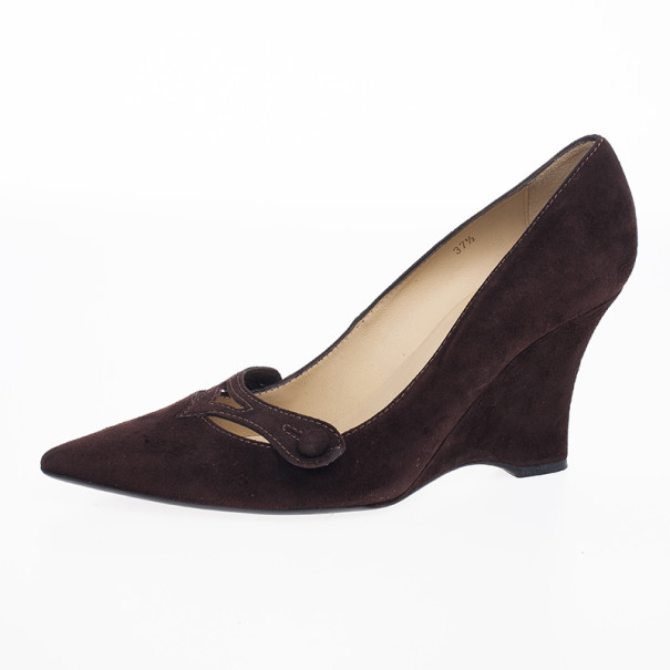 Tod's Brown Suede Pointed Toe Wedge Pumps Size 37.5