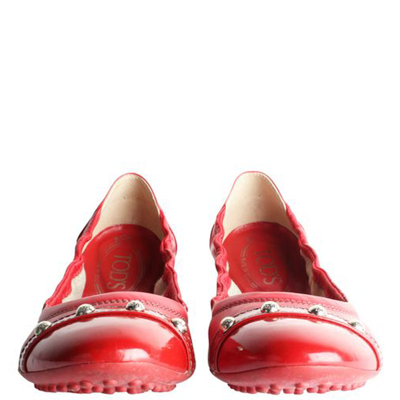 

Tod's Red Leather Studs Detail Scrunch Flats Ballerinas Size